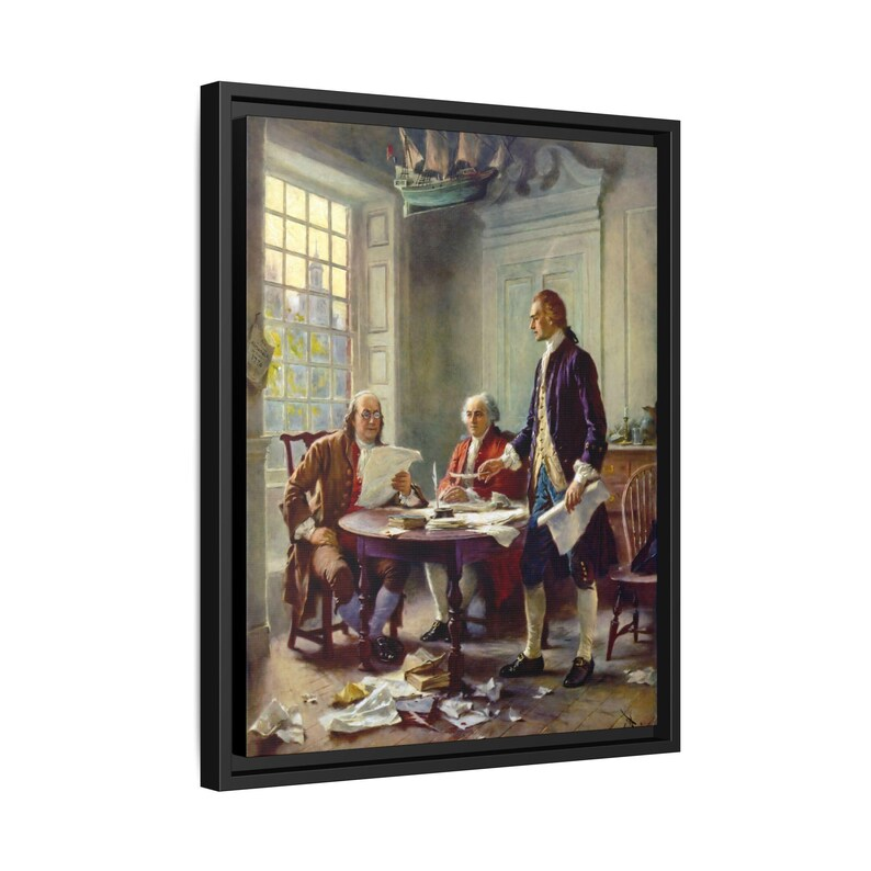 Angled three-quarter view of the Writing the Declaration of Independence floating frame canvas showing depth and floating reveal