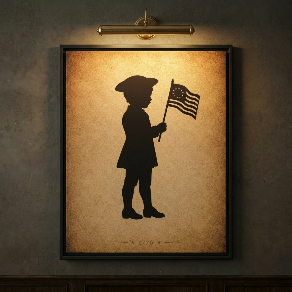 Close-up of the Patriot Boy with Betsy Ross Flag silhouette framed canvas on a dark wall lit by a brass picture light