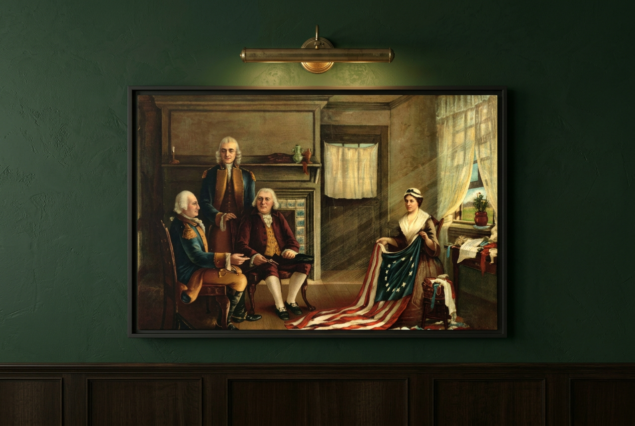 Close-up of Charles Weisgerber's Birth of Our Flag framed canvas on a deep sage green wall lit by a brass picture light