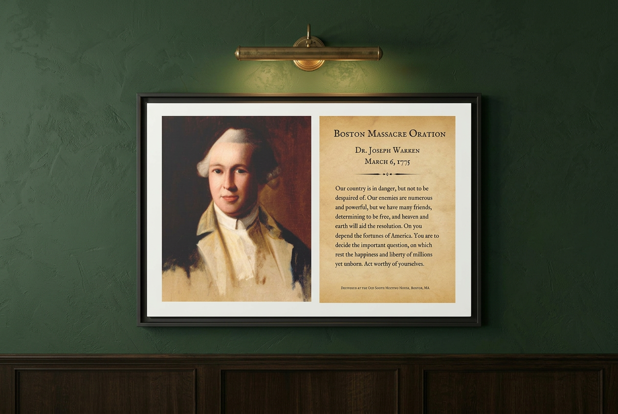 Close-up of the Boston Massacre Oration framed canvas on a deep sage green wall lit by a brass picture light