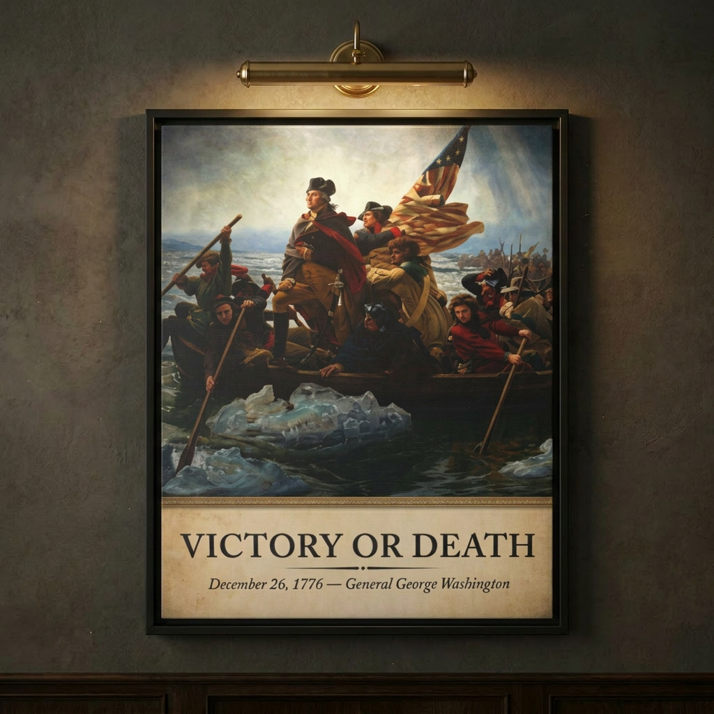 Close-up of Victory or Death — Washington Crossing the Delaware framed canvas on a warm taupe wall lit by a brass picture light