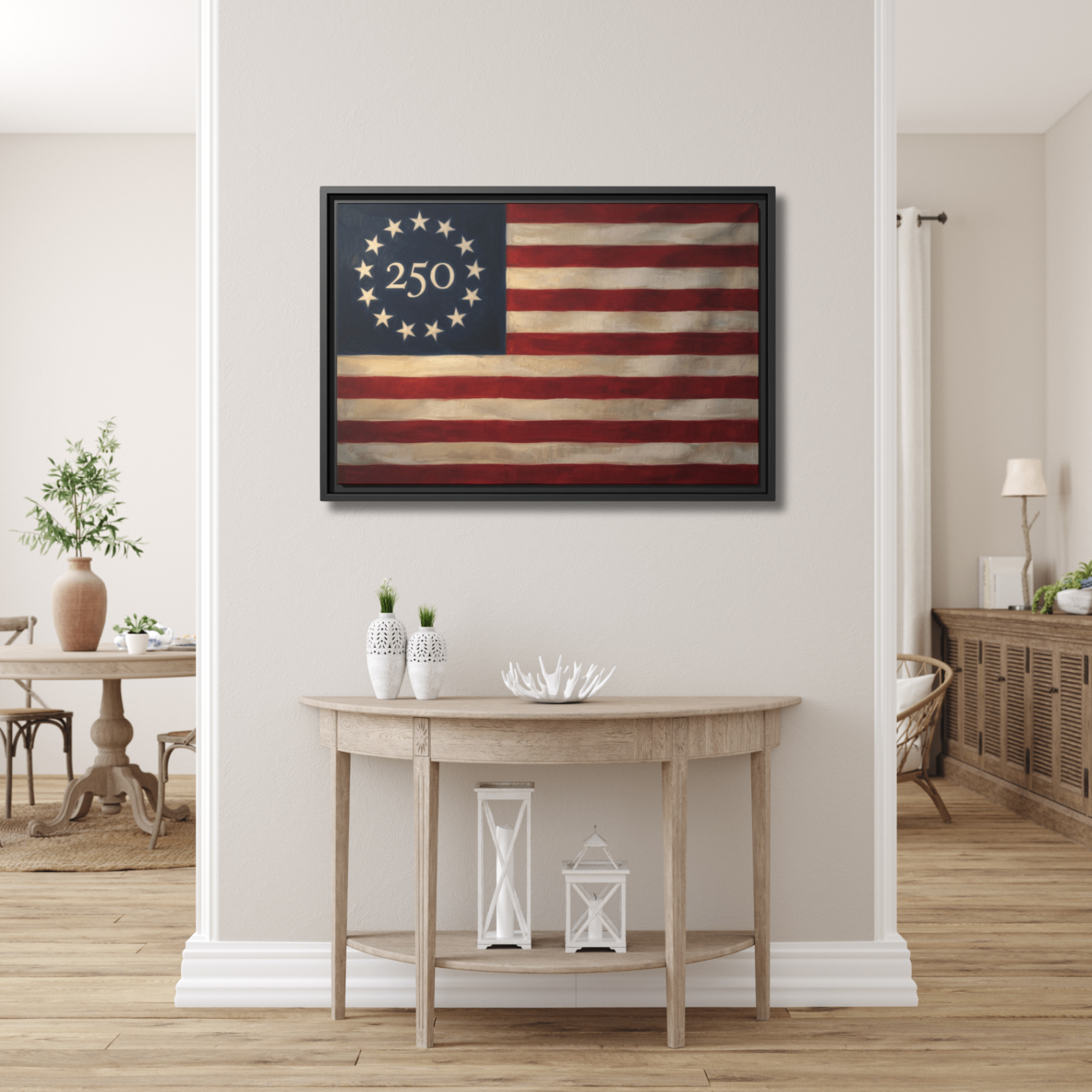 America 250th Anniversary Betsy Ross flag framed canvas hung above a demilune console table in a bright coastal entryway