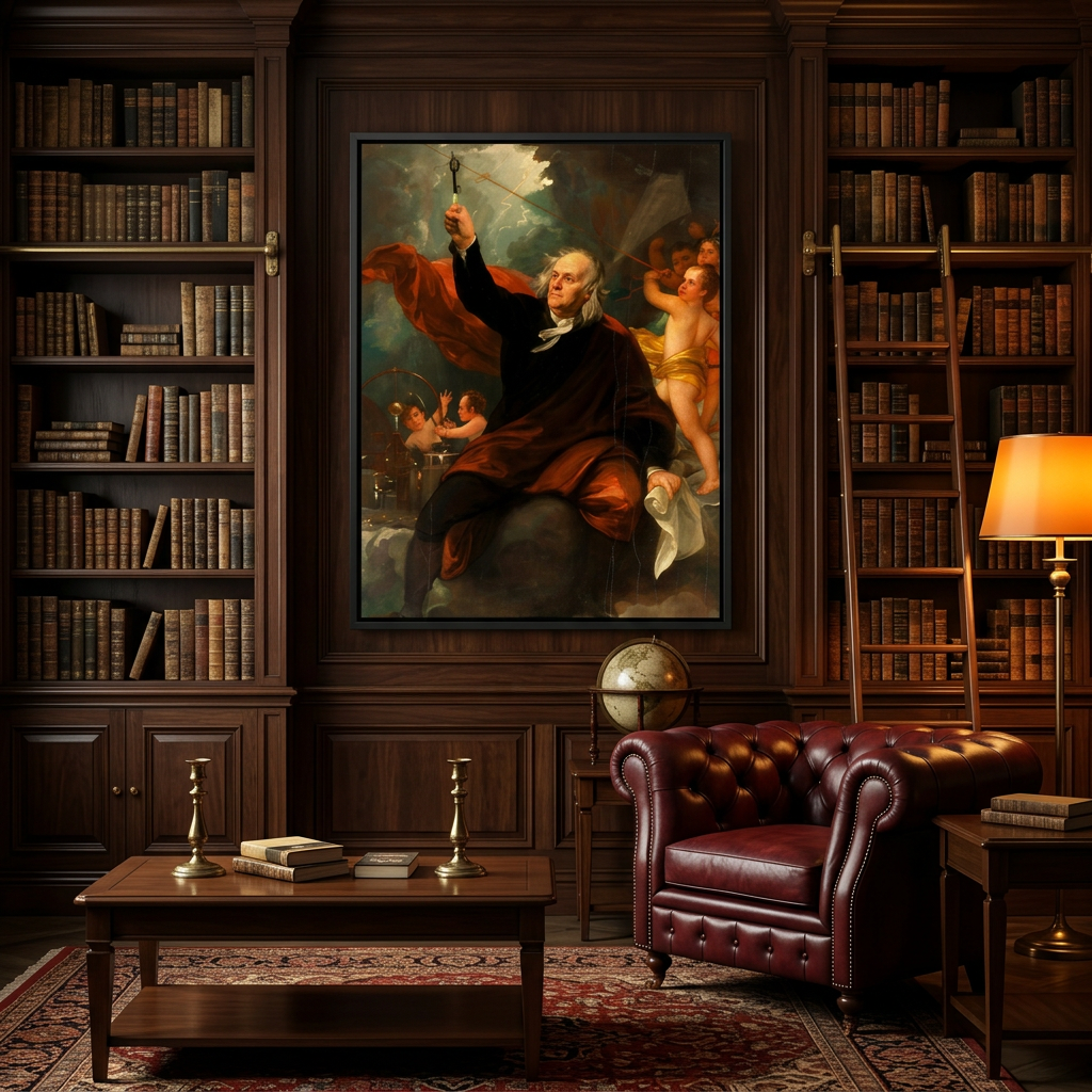 Portrait framed canvas in a wood-paneled gentleman's library with leather Chesterfield chair