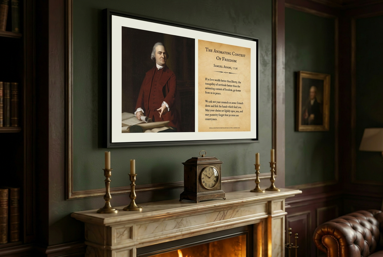 Samuel Adams Animating Contest of Freedom framed canvas above an aged carved dark mahogany fireplace mantel in a scholarly study