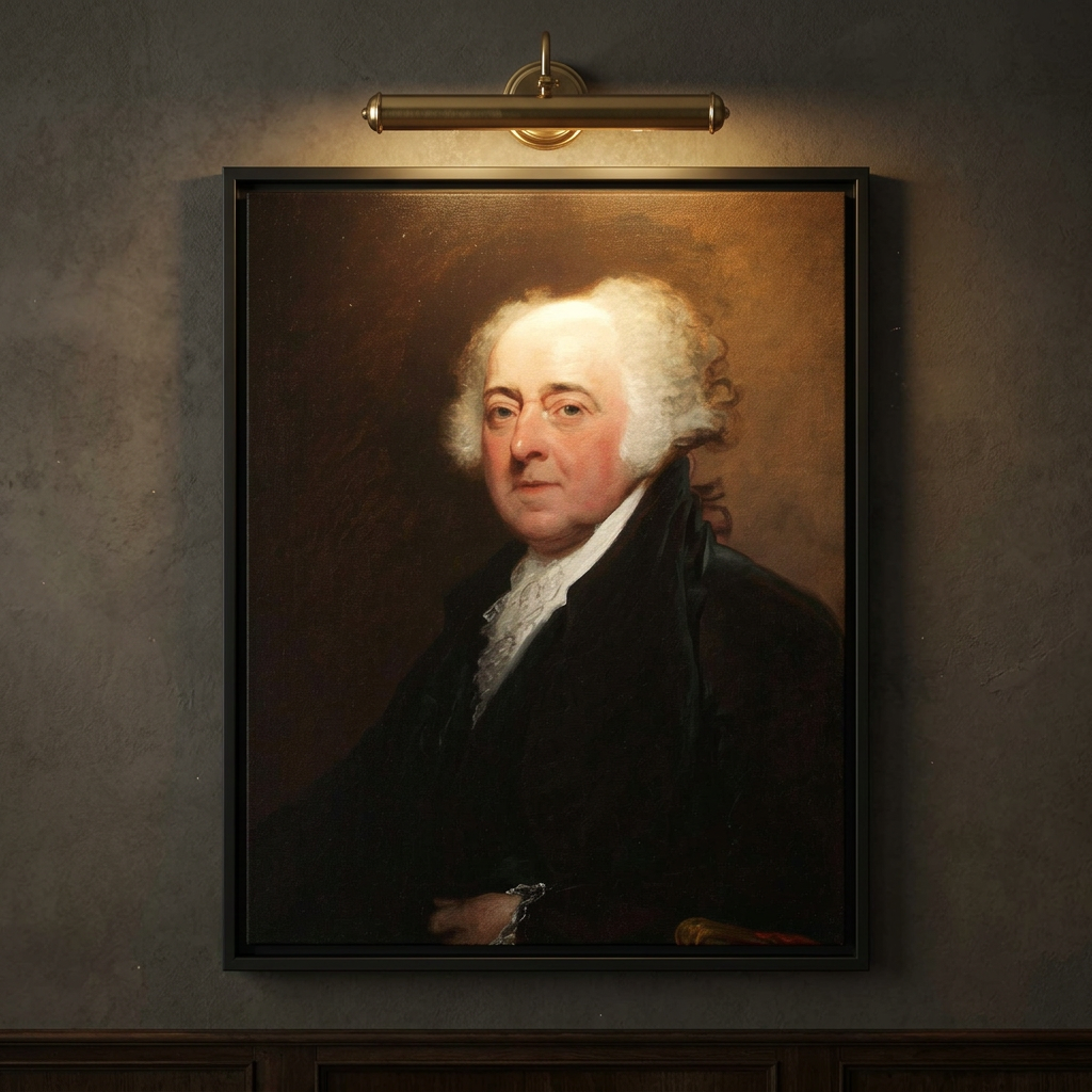 Close-up of the John Adams framed canvas on a dark wall lit by a brass picture light