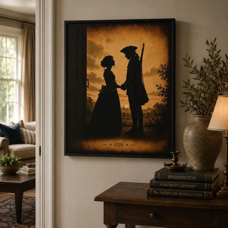 Colonial Soldier Farewell 1776 silhouette framed canvas hanging above a console table with vintage books and a ceramic lamp in a sunlit living room