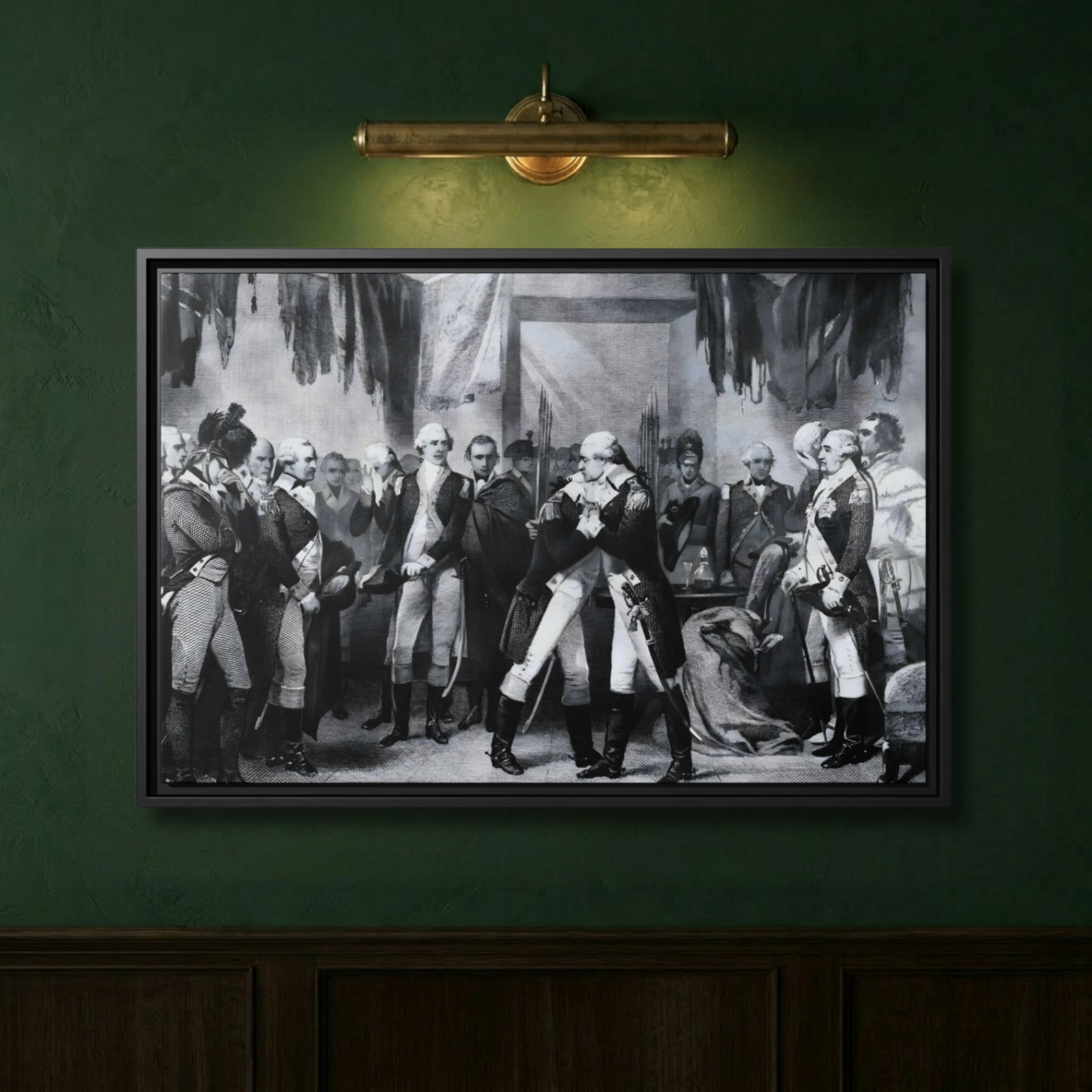 Close-up of Washington's Farewell to His Officers framed canvas on a deep green wall lit by a brass picture light
