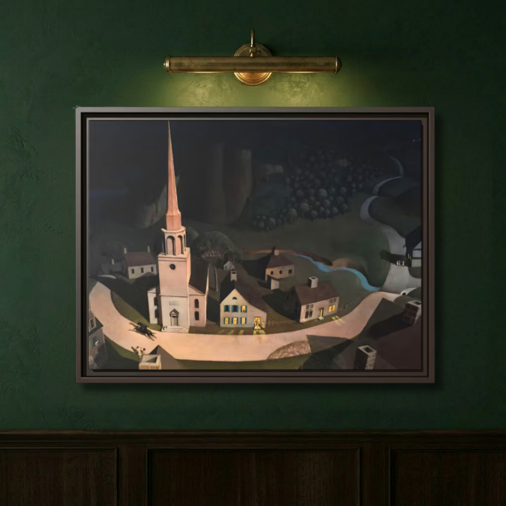 Close-up of Grant Wood's The Midnight Ride of Paul Revere framed canvas on a deep green wall lit by a brass picture light