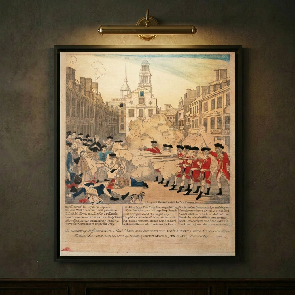 Close-up of Paul Revere's Boston Massacre engraving framed canvas on a dark wall lit by a brass picture light