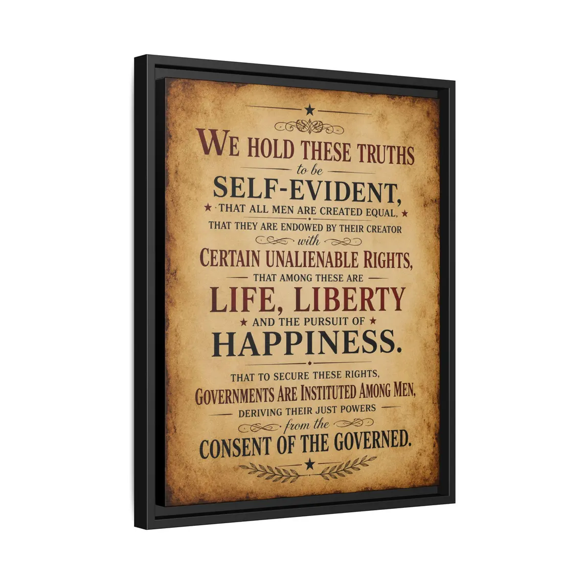 Angled three-quarter view of the Declaration of Independence preamble floating frame canvas showing depth and reveal gap