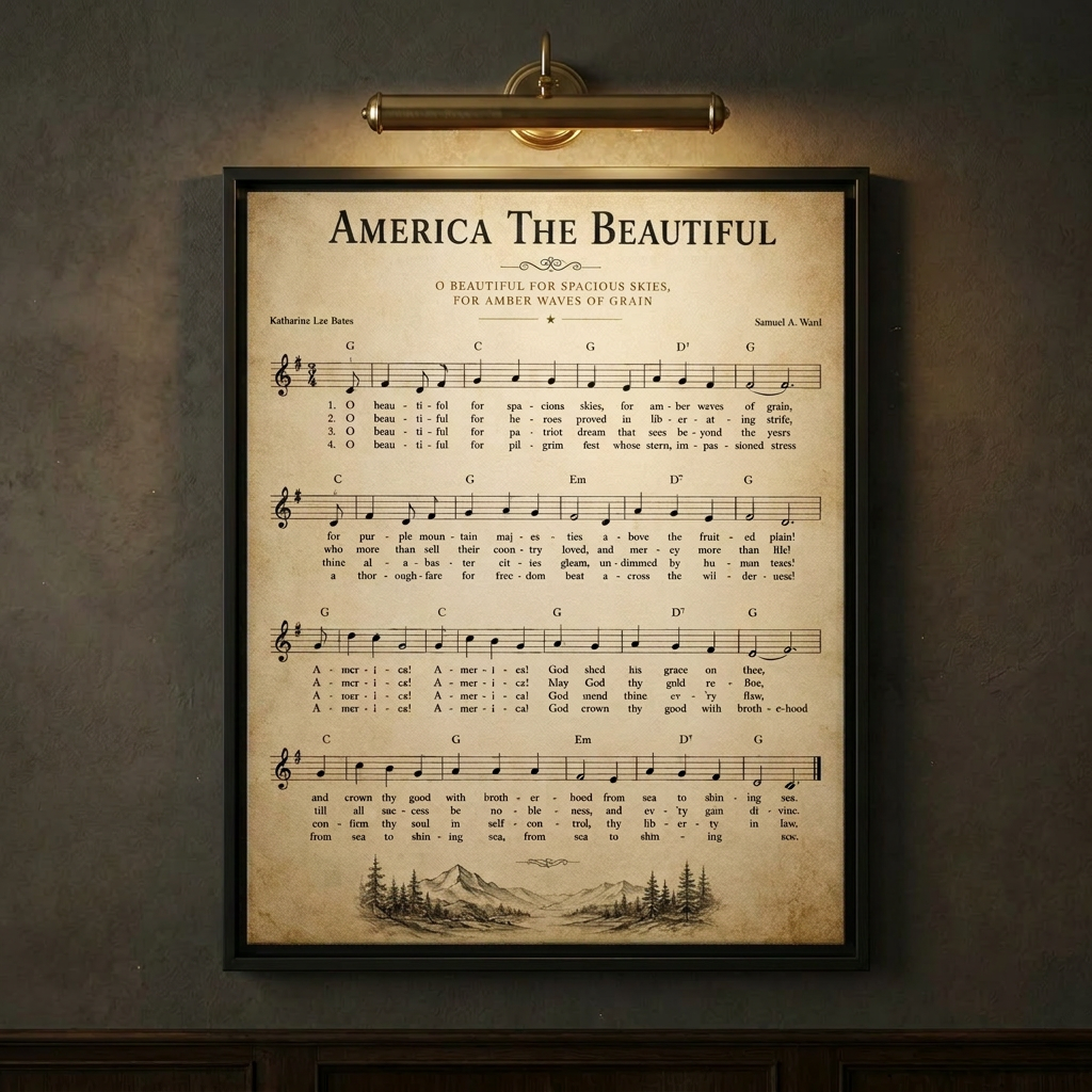 Close-up of the America The Beautiful vintage sheet music framed canvas on a softly lit gallery wall