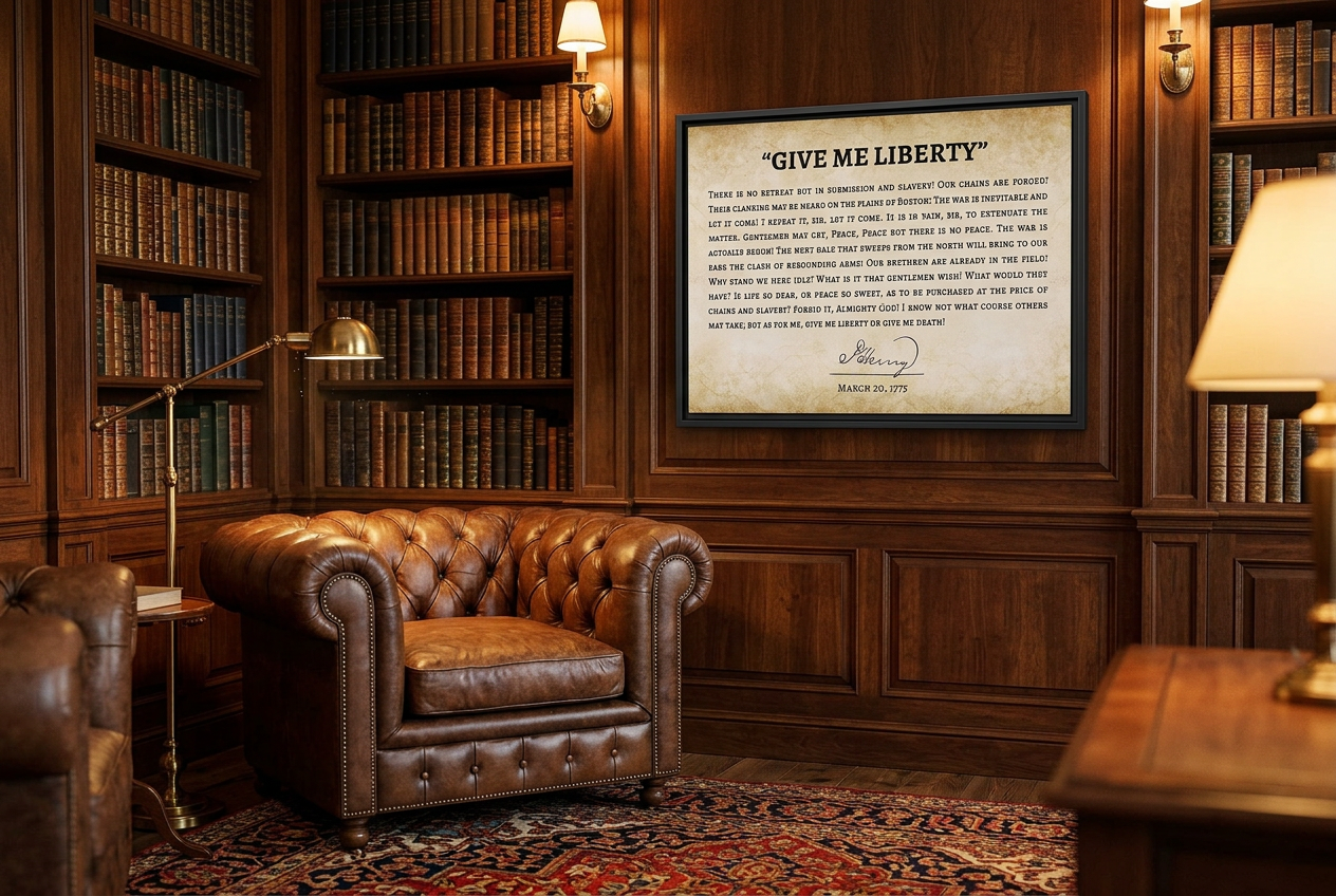 Give Me Liberty speech framed canvas in a wood-paneled gentleman's library with leather Chesterfield chair