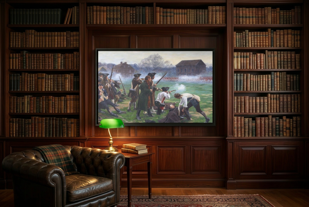 The Battle of Lexington framed canvas hung in a wood-paneled library with leather Chesterfield chair