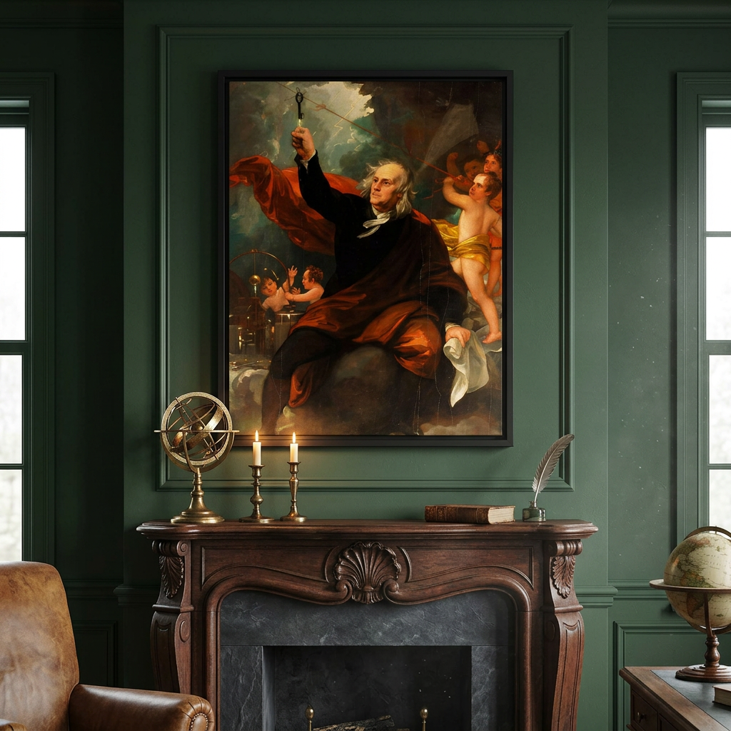 Portrait framed canvas above an aged carved dark mahogany fireplace mantel in a scholarly study