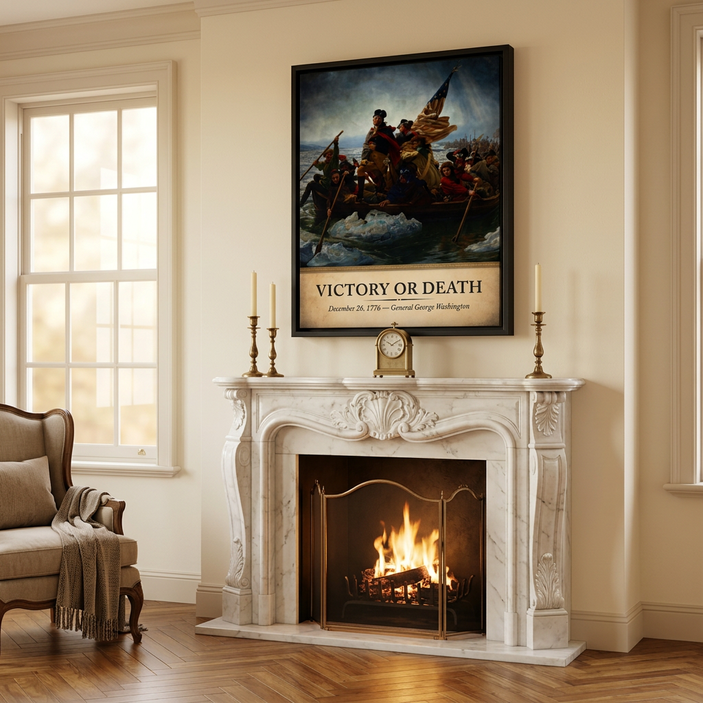 Victory or Death framed canvas hung above a carved marble fireplace mantel with brass candlesticks and a glowing fire in a warm cream living room