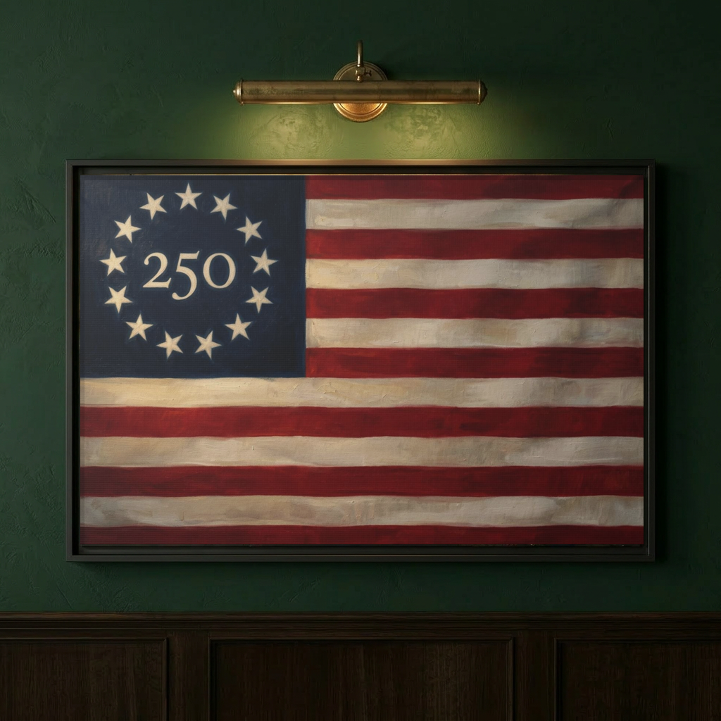 Close-up of the America 250th Anniversary Betsy Ross flag framed canvas on a deep sage green wall lit by a brass picture light