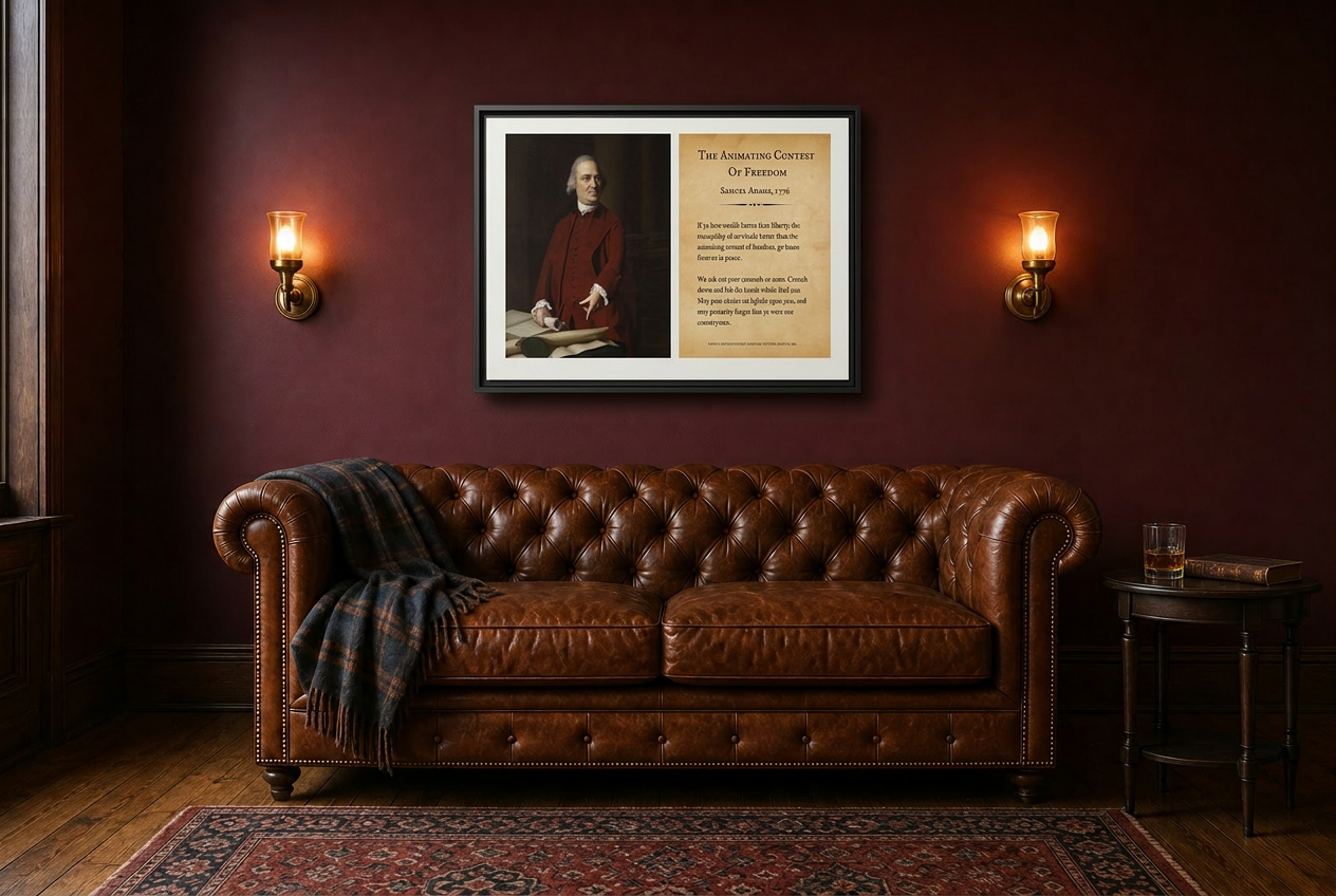 Samuel Adams Animating Contest of Freedom 36"x24" framed canvas hung above a cognac leather Chesterfield sofa flanked by brass sconces on a deep sage green wall