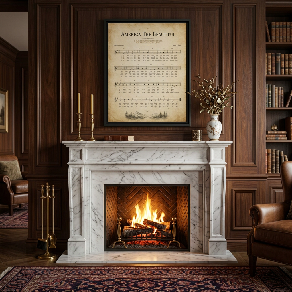 America The Beautiful vintage sheet music framed canvas above a marble fireplace mantel in a wood-paneled traditional American home