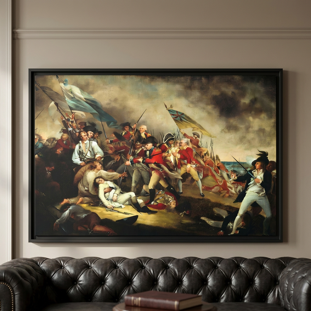 Death of General Warren framed canvas hung above a Chesterfield sofa