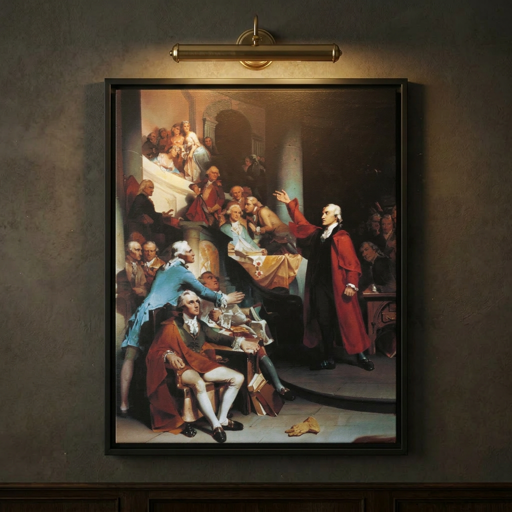 Close-up of the Patrick Henry Speech framed canvas on a dark wall lit by a brass picture light