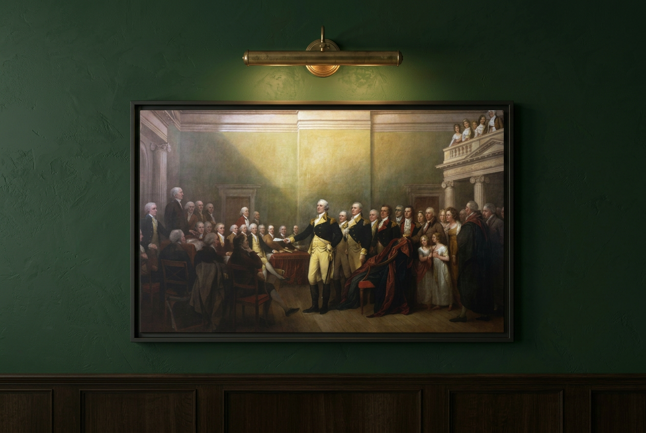 Close-up of General George Washington Resigning His Commission framed canvas on a deep green wall lit by a brass picture light