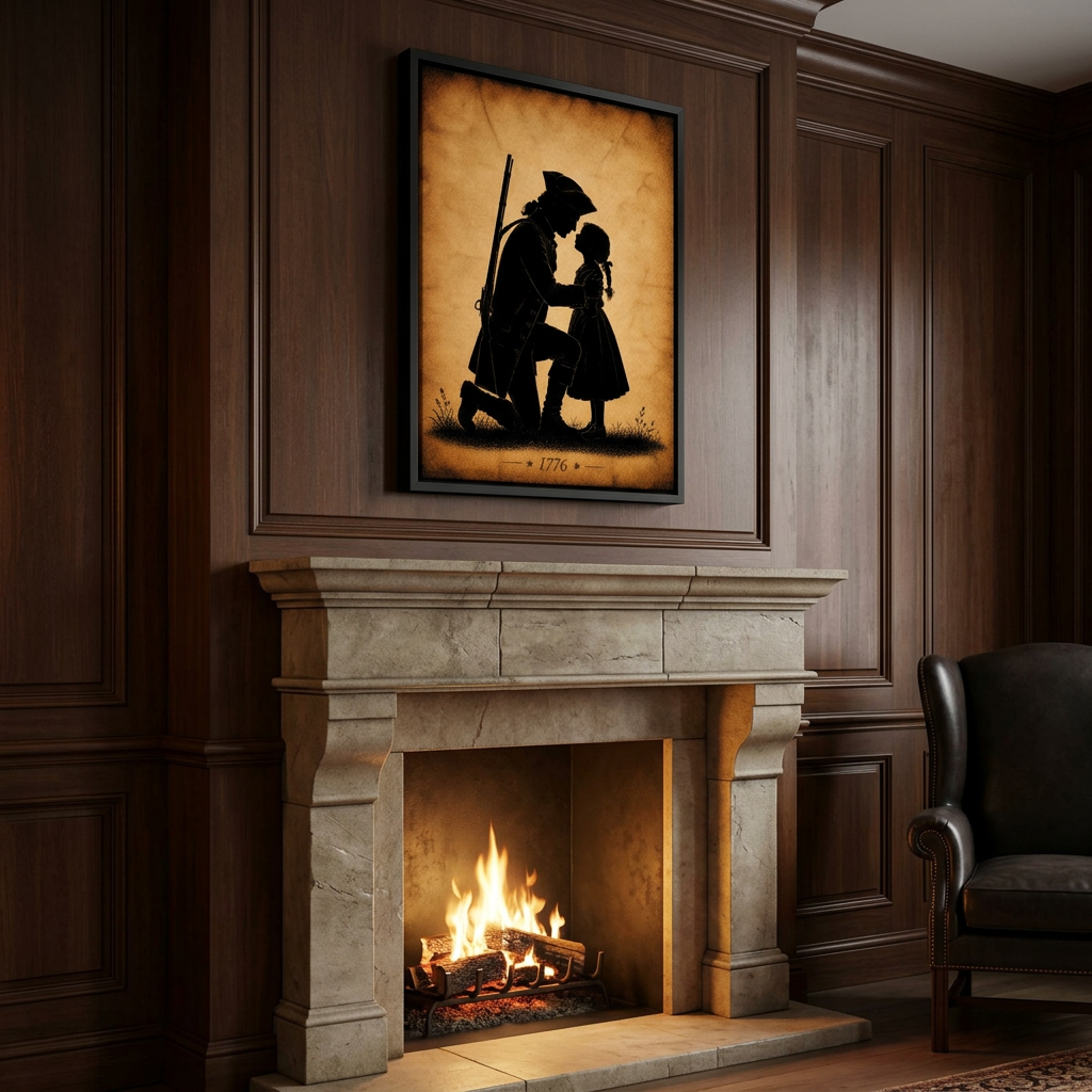 1776 soldier and daughter silhouette framed canvas above a stone fireplace in a dark wood-paneled study with leather wingback chair and warm firelight