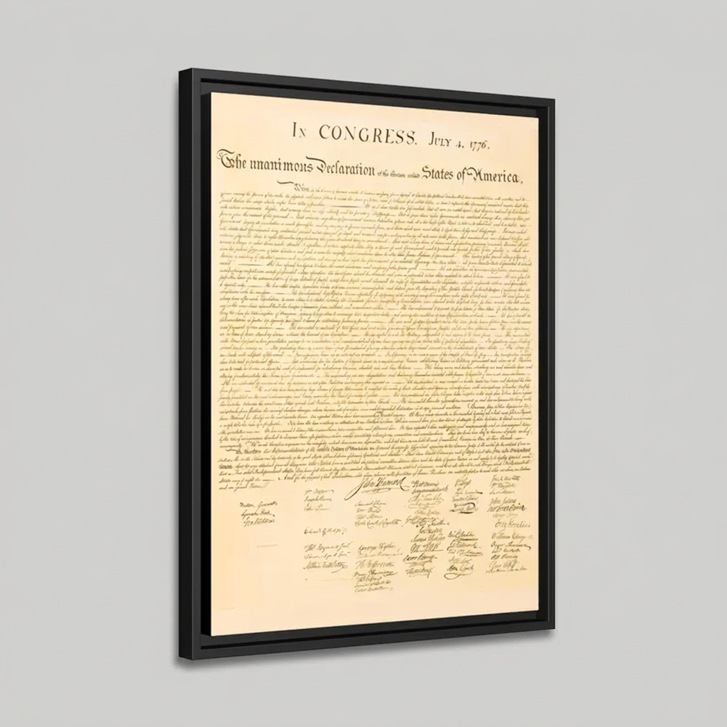 Angled three-quarter view of the aged Declaration of Independence floating frame canvas showing depth and floating reveal