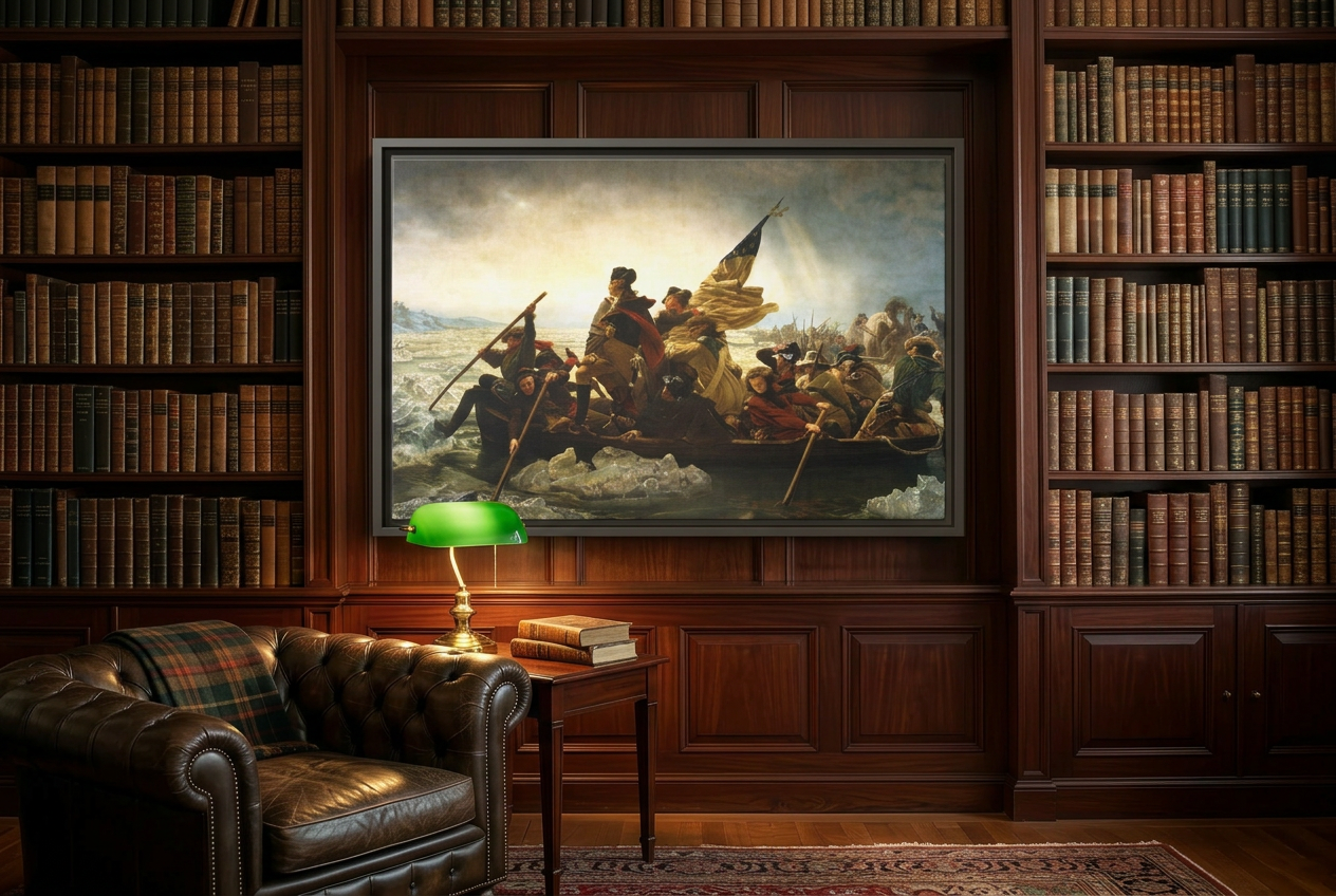 Washington Crossing the Delaware framed canvas in a wood-paneled gentleman's library with leather Chesterfield chair