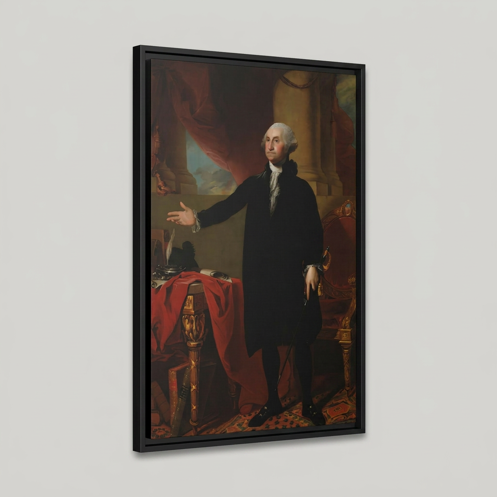 Three-quarter angled studio view of the Lansdowne Portrait of George Washington floating frame canvas showing black frame depth and reveal gap on a light gray background