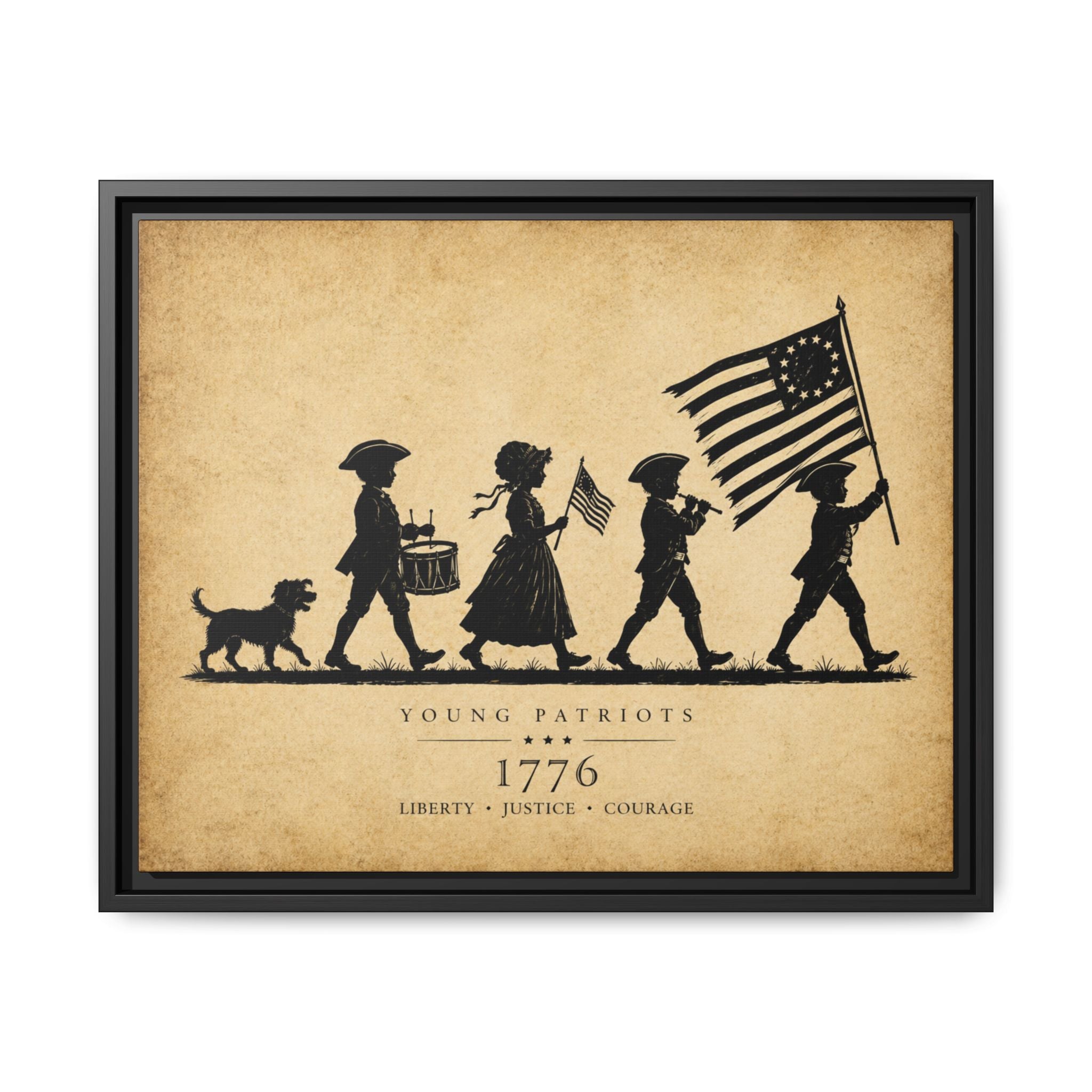 Three-quarter angled studio view of the Young Patriots 1776 floating frame canvas showing black frame depth and reveal gap on a clean white background