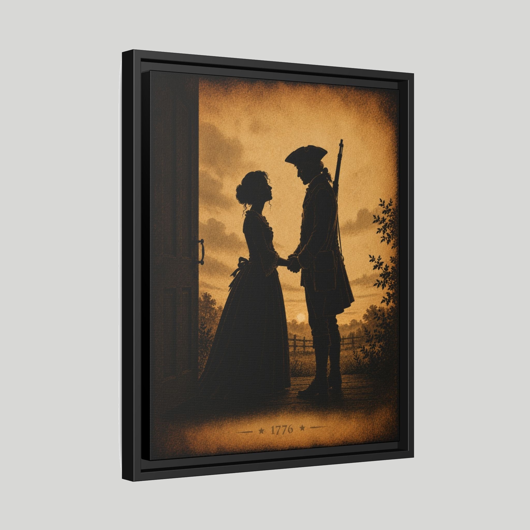 Three-quarter angled studio view of the Colonial Soldier Farewell 1776 floating frame canvas on a light gray background