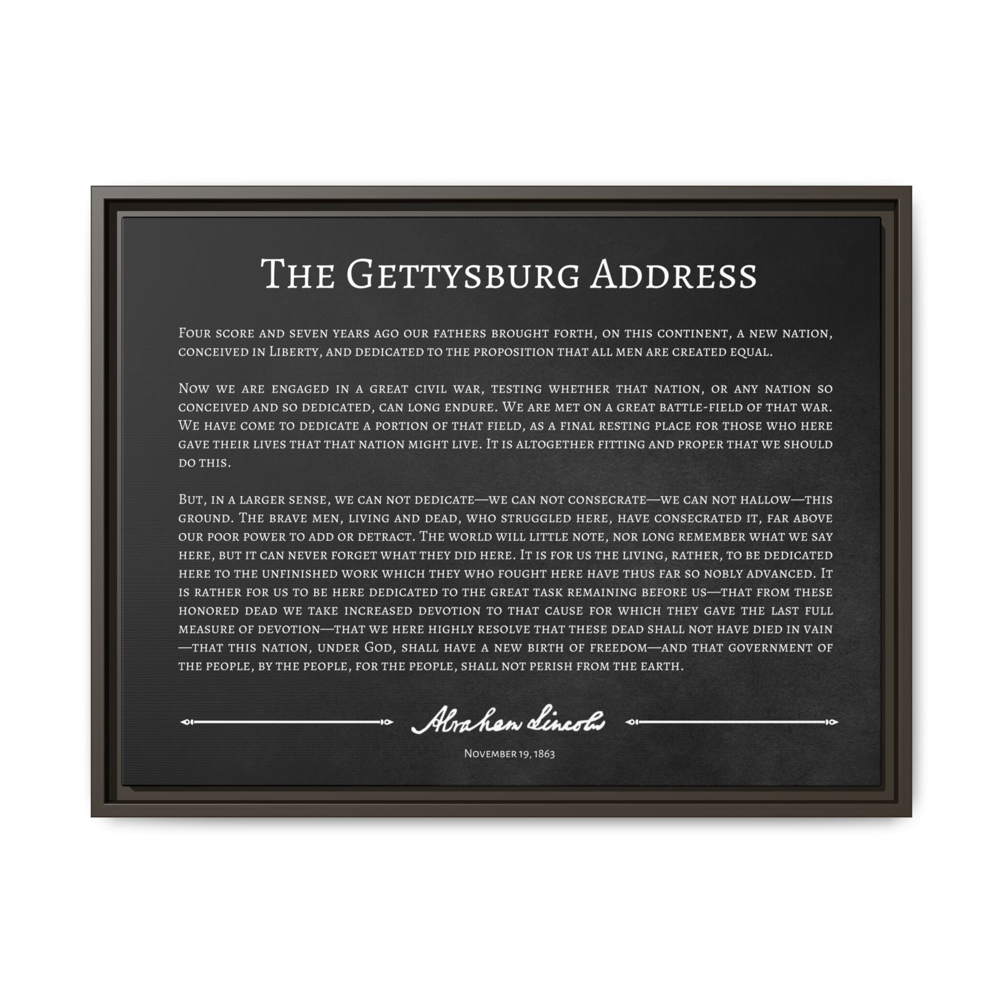 Angled three-quarter view of the Gettysburg Address framed canvas in Espresso frame showing depth and floating reveal